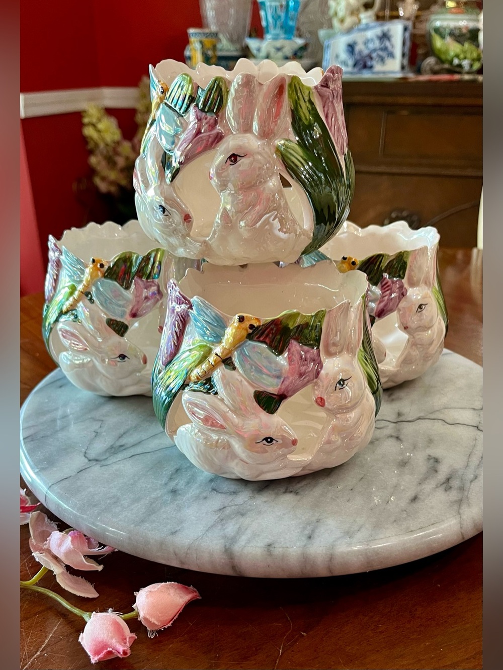 Vintage Easter Ceramic Bunny Candle Holder Set of 4, Flower Factory 4.5"x3.5”